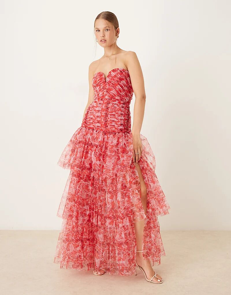 

Платье-бандо с заниженной талией и кружевом, макси, с красными цветочными узорами