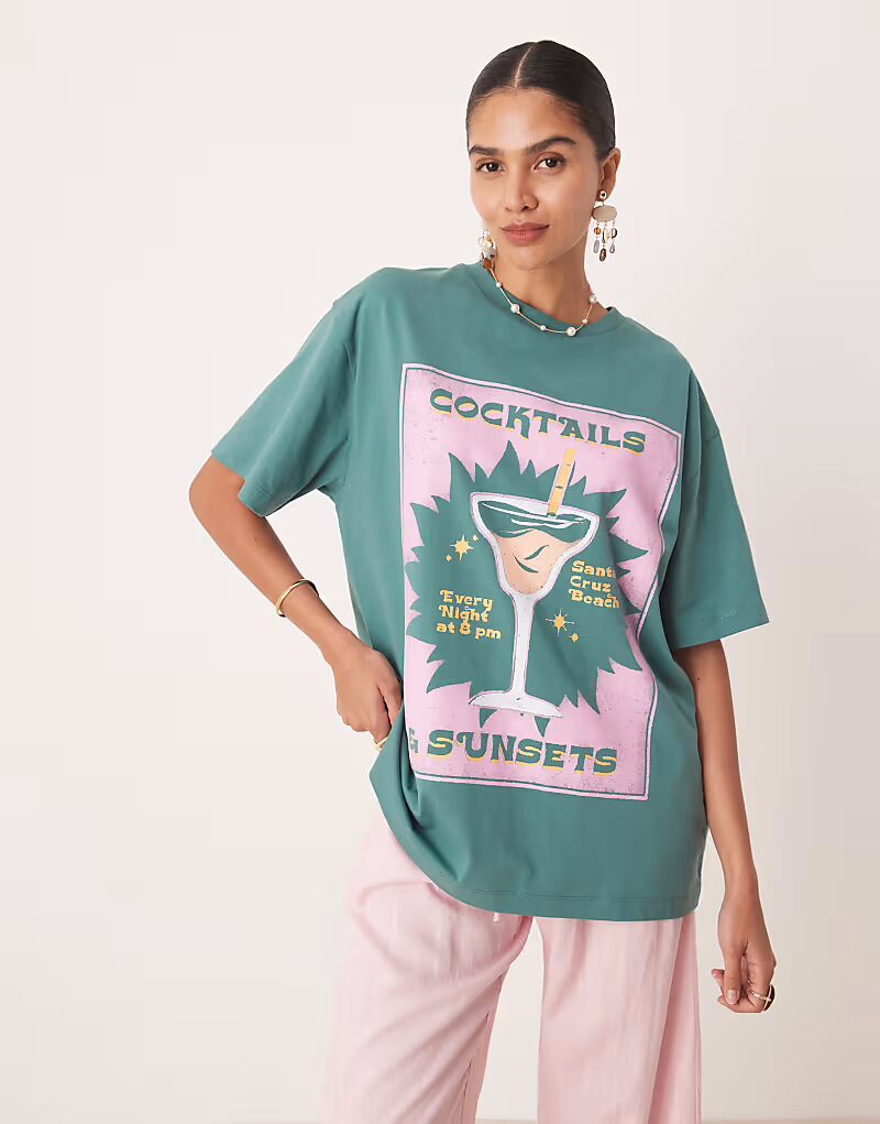 

Футболка свободного кроя ASOS DESIGN зеленого цвета с принтом коктейля и заката