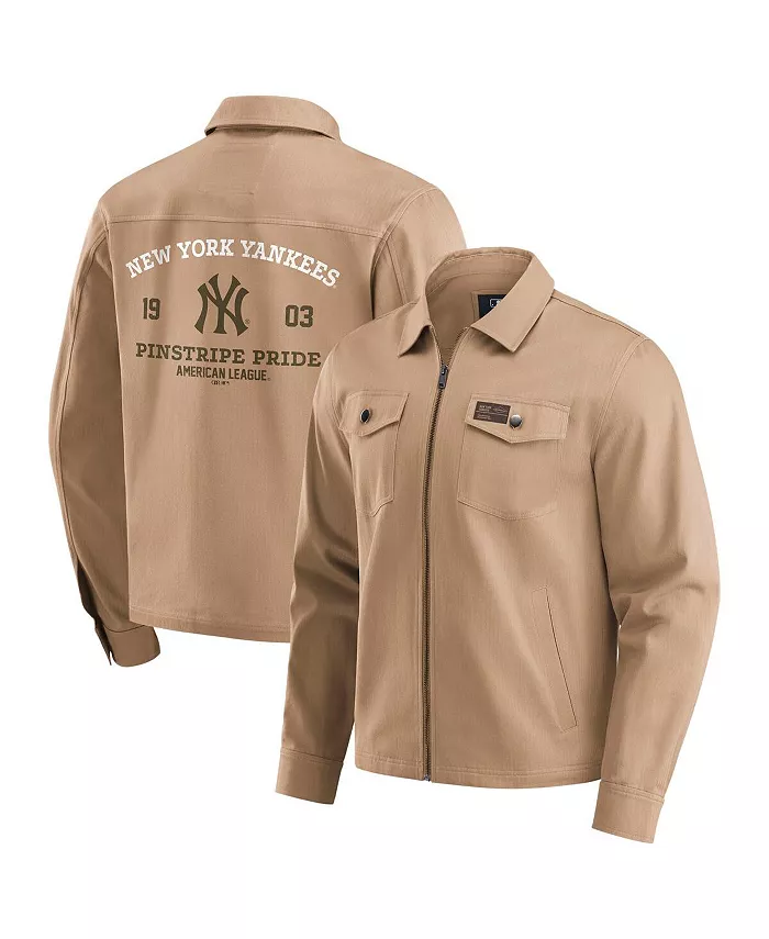 

Куртка мужская застегивающаяся на молнию Darius Rucker Collection, потертая, в стиле "ваш", бежевая, с символикой New York Yankees Fanatics