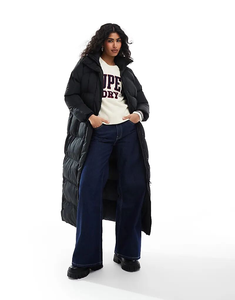 

Длинная стеганая куртка макси черного цвета Superdry