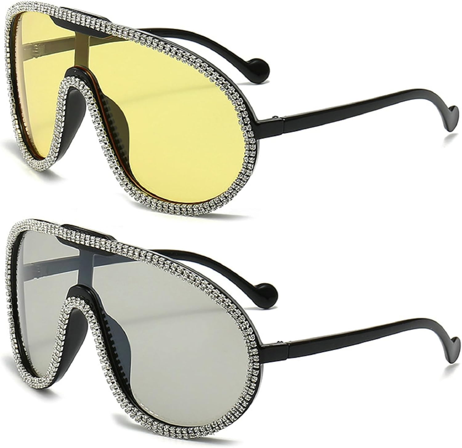 

Крупные цельные солнцезащитные очки для женщин и мужчин, модные солнцезащитные очки со стразами, большая оправа, бриллиантовые очки, защита от УФ-излучения UV400 mincl, 2pcs-white Yellow&silver