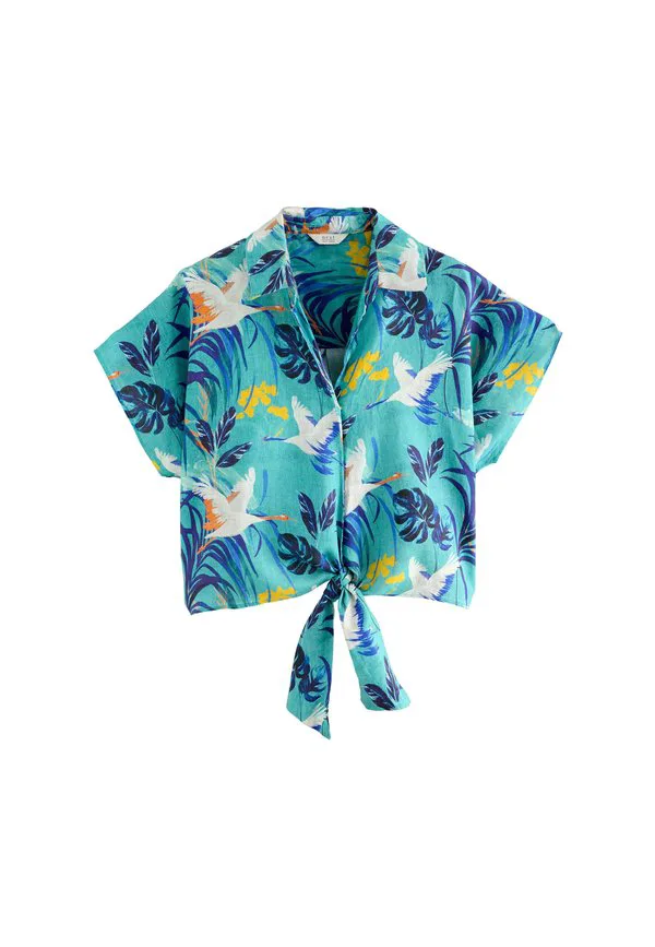 Блузка прямого кроя с короткими рукавами и пуговицами. Next, Blue Tropical Palm Print
