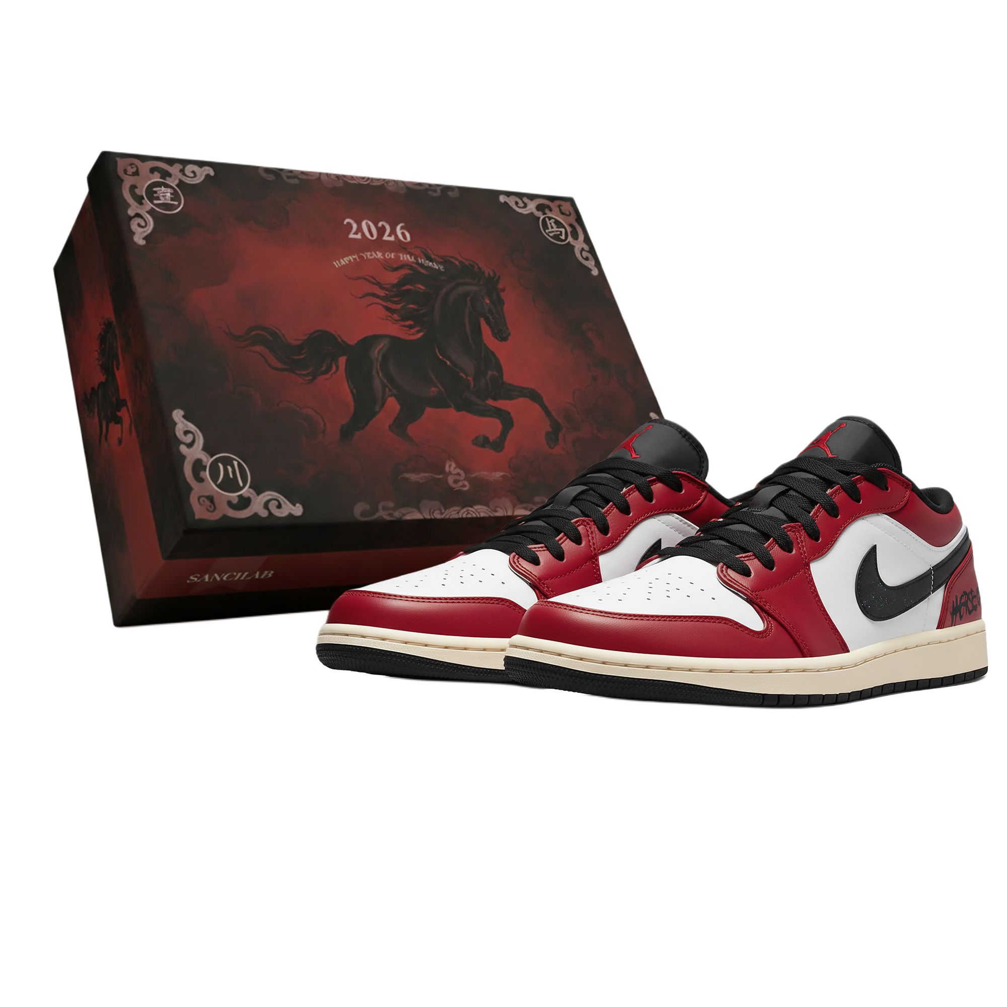 

Jordan Air 1 LOW Three Times Laboratory, Horse Year, Red Stallion, Box Abrasion Resistant Low top