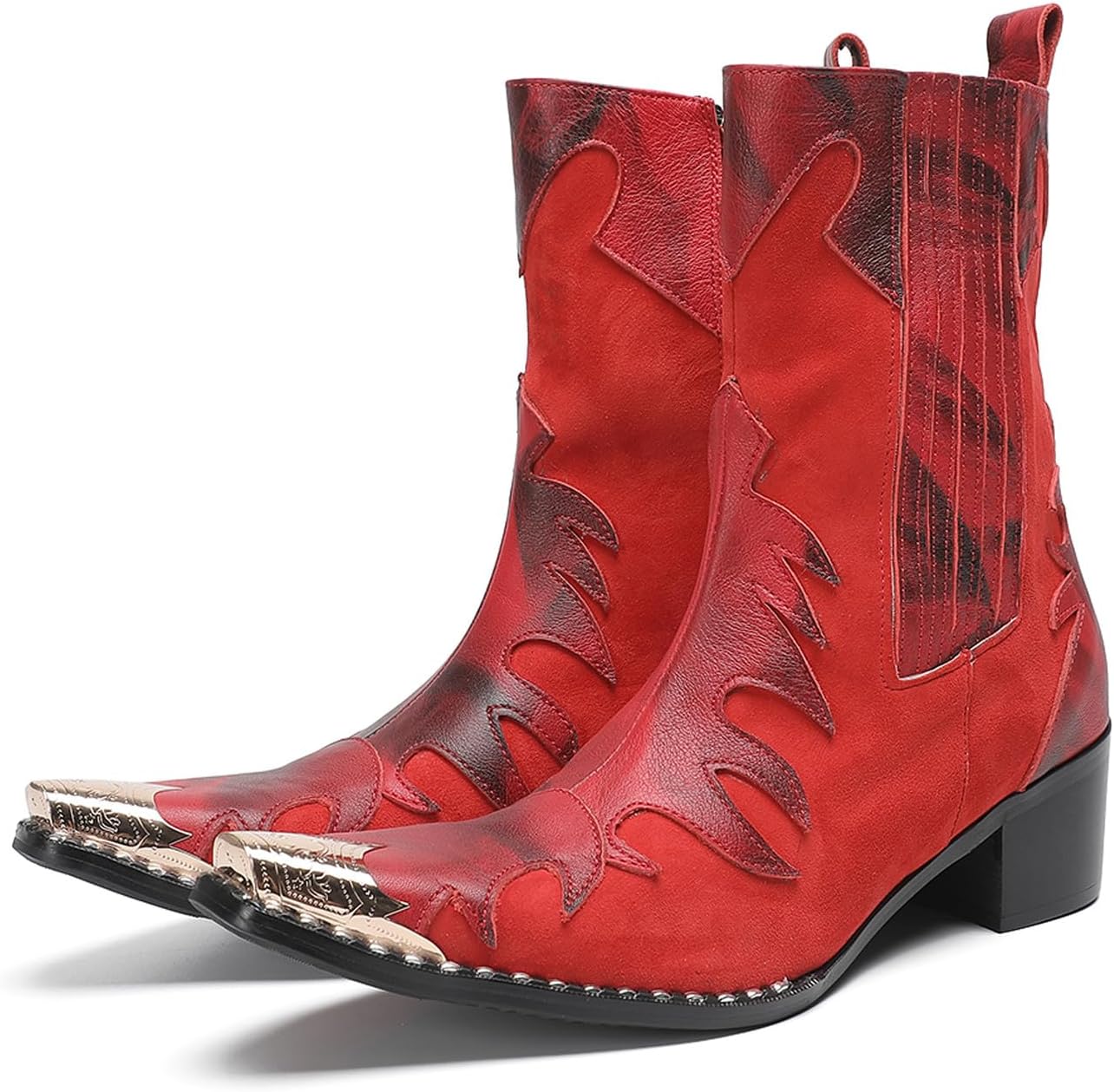 

Мужские красные кожаные вестерн-ботинки Santimon - заостренный металлический носок, замша с пламенным рисунком, каблук 5 см, модная обувь для родео, вечеринок и кантри-концертов