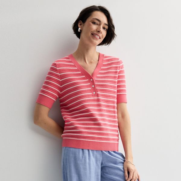 

Женский свитер хенли с рукавами до локтя Croft & Barrow, цвет pink quaint stripe