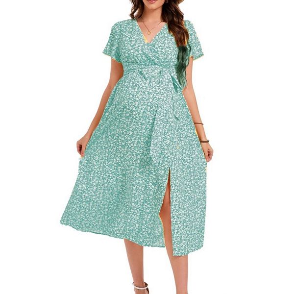 

Платье-Миди для беременных с V-образным вырезом, короткими рукавами, асимметричным разрезом, оборками и поясом. Yesfashion, Green