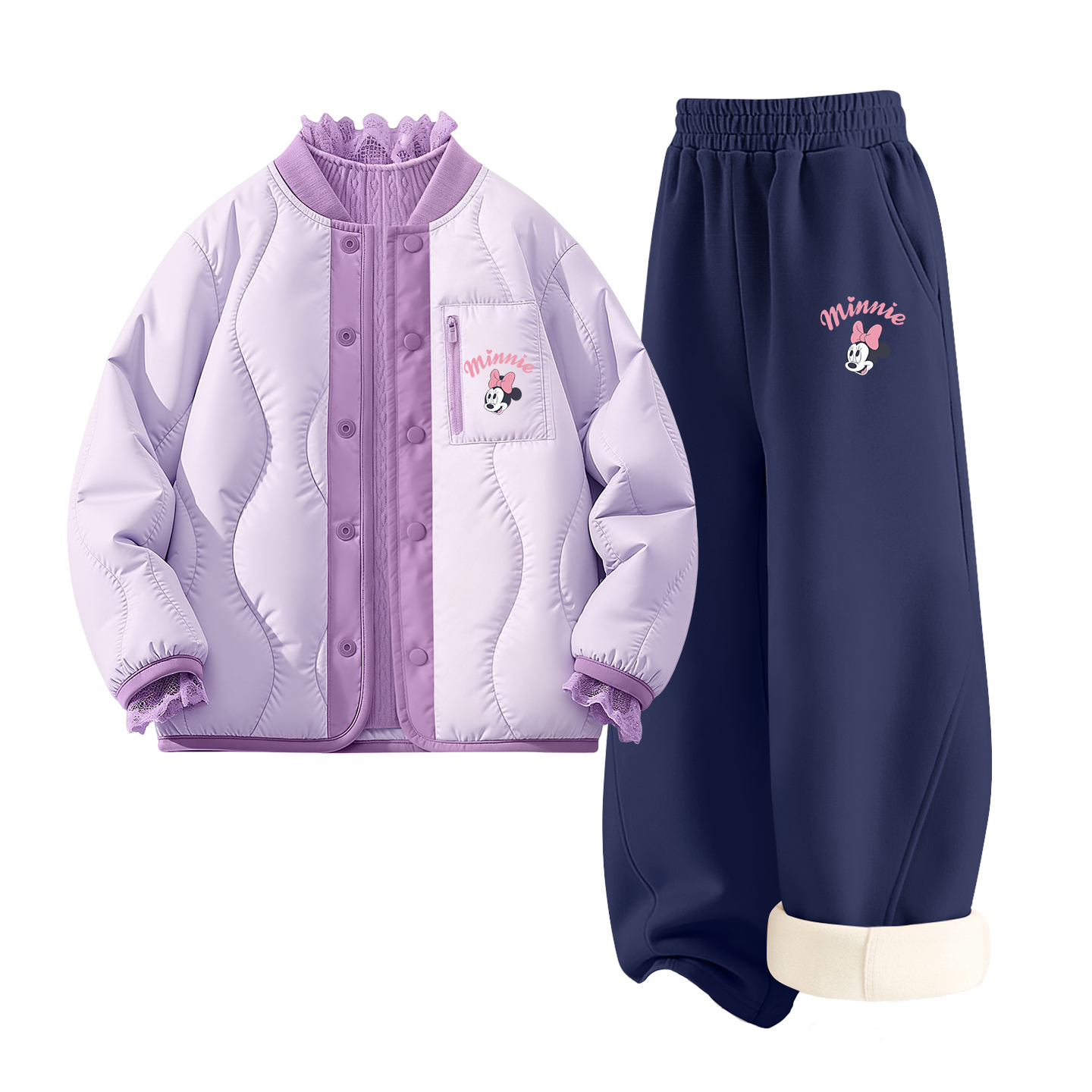 Детская повседневная спортивная одежда Disney, [Thickened And Fleece-Lined Three-Piece Set]Silicone Eye-Lifting K Ecru+Eye-Lifting K Heather Gray+Solid Color Ecru — фото 3