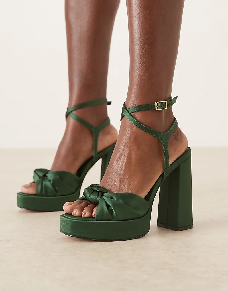 Босоножки на платформе и блочном каблуке ASOS DESIGN Wide Fit Nutshell из темно-зеленого атласа — фото 4
