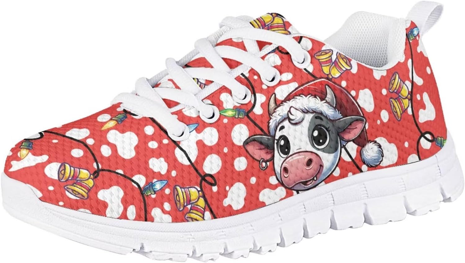 

Кроссовки Forchrinse для мальчиков и девочек на Рождество, детские шнурованные теннисные кроссовки, легкие, дышащие, для ходьбы и бега, Christmas Cow Colorful Lights