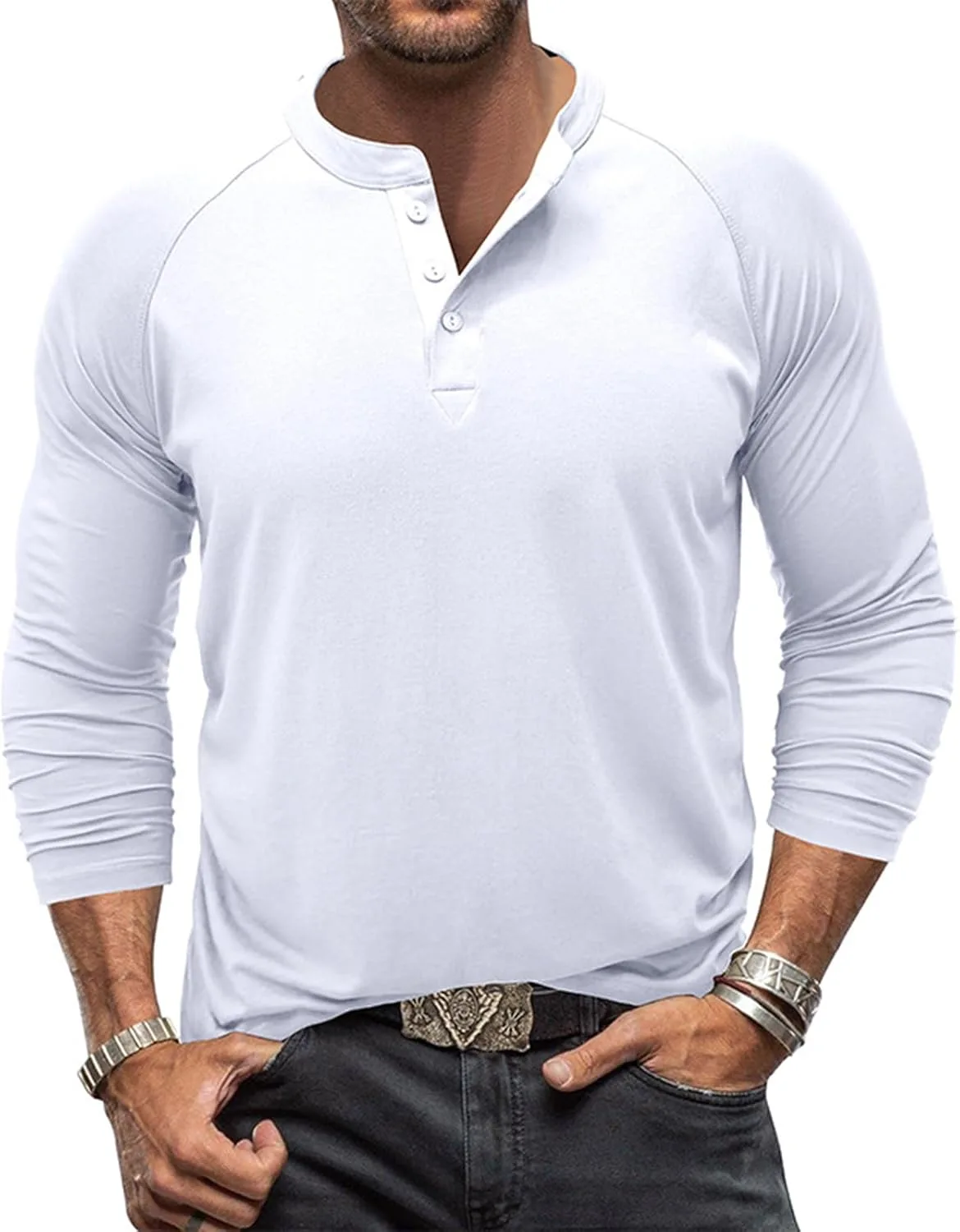 

Мужская футболка с длинным рукавом и тремя пуговицами, slim fit Aulemen