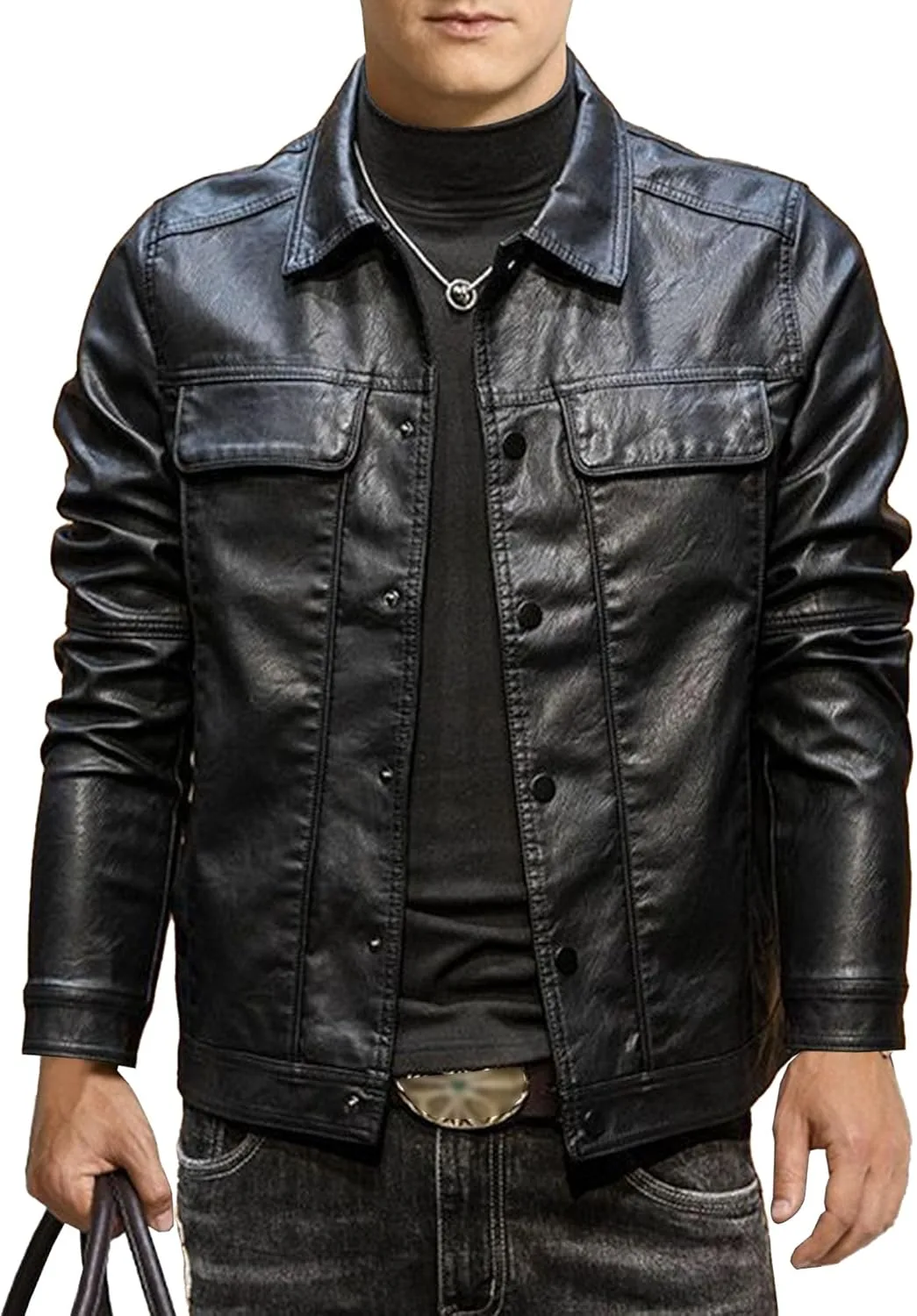 Generic Мужская кожаная куртка Casual Faux Leather мотоциклетная куртка облегченная приталенная винтажная черная байкерская куртка PU