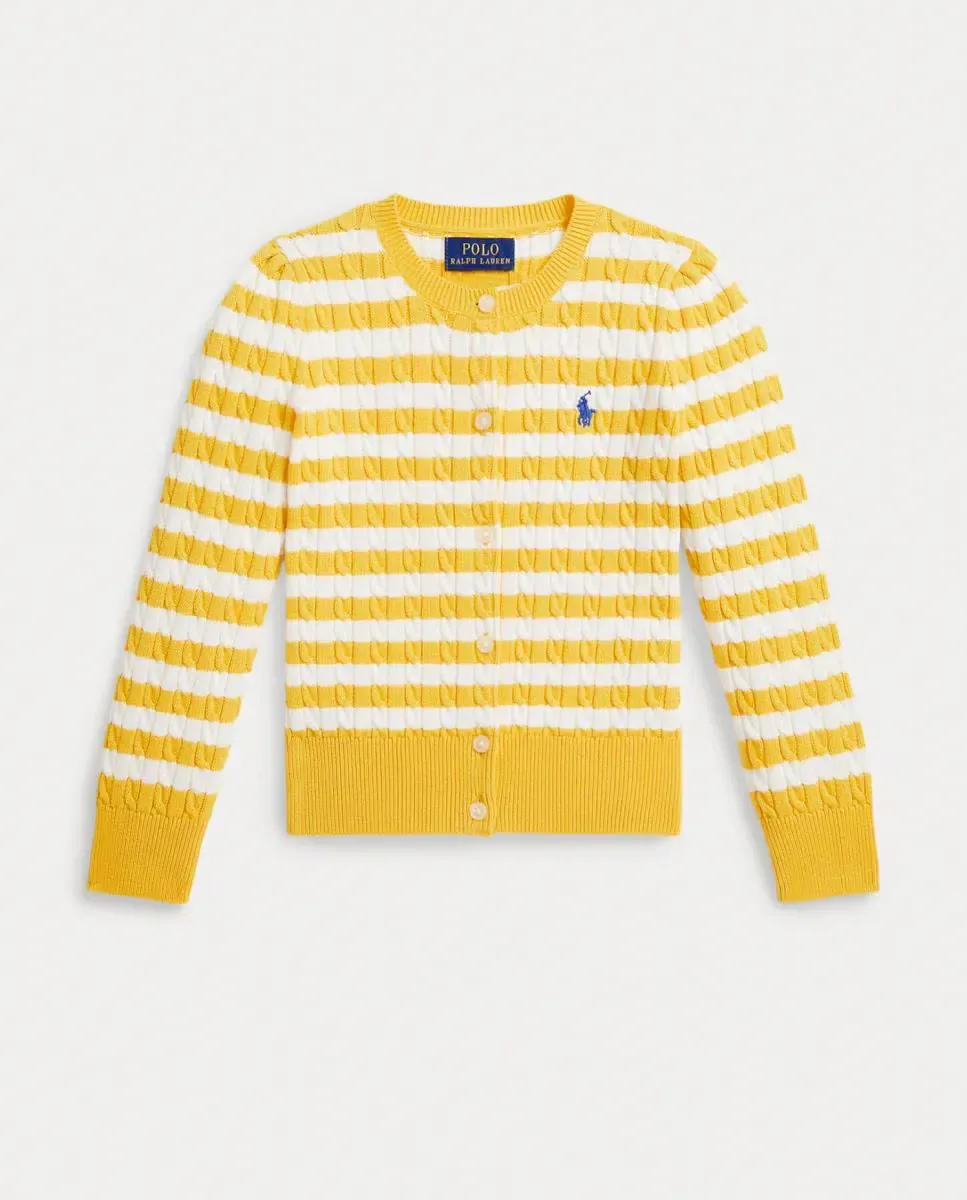 Детский хлопковый кардиган вязкой в косичку Polo Ralph Lauren, белый / желтый — фото 4