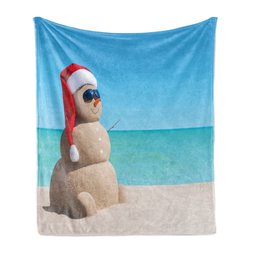 

ABAKUHAUS Летнее мягкое фланелевое флисовое одеяло, реальная фотография снеговика, созданного из песка на пляже, праздничный пейзаж, 175 x 230 см, разноцветный
