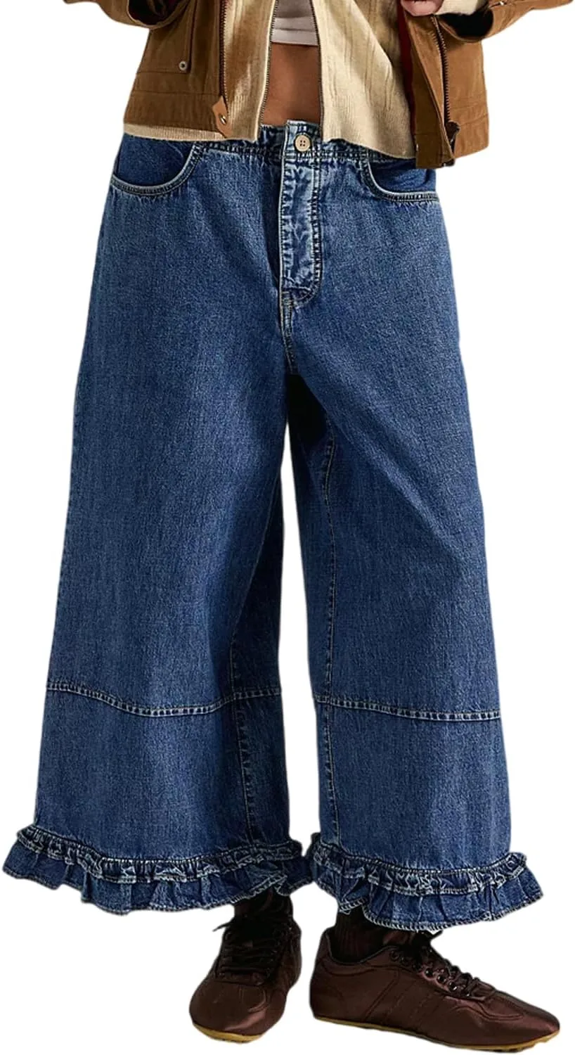 

Yoeasy женские джинсы с широкими штанинами, эластичным поясом и оборкой по низу