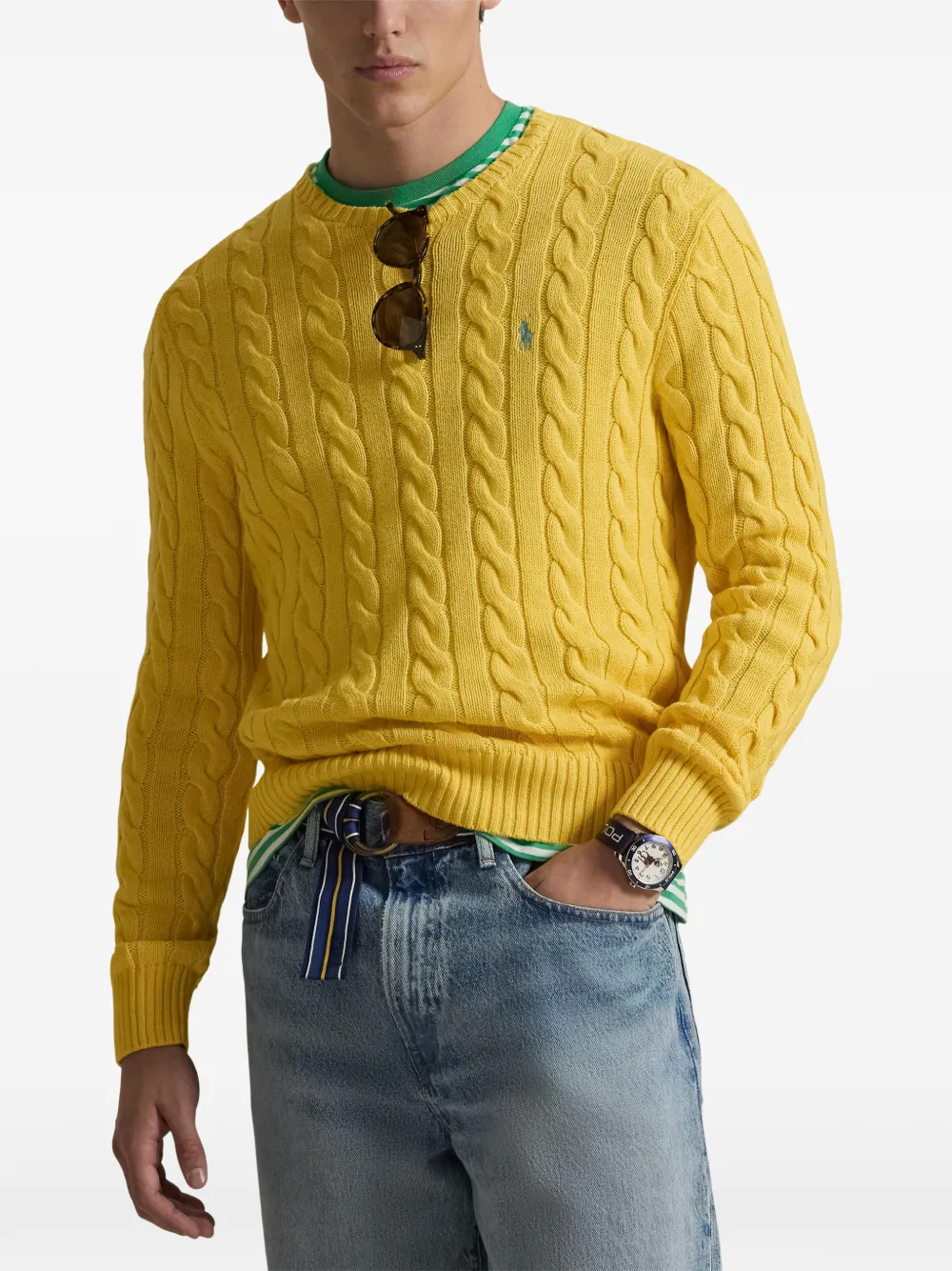 Свитер фактурной вязки с вышивкой Polo Ralph Lauren, желтый — фото 3