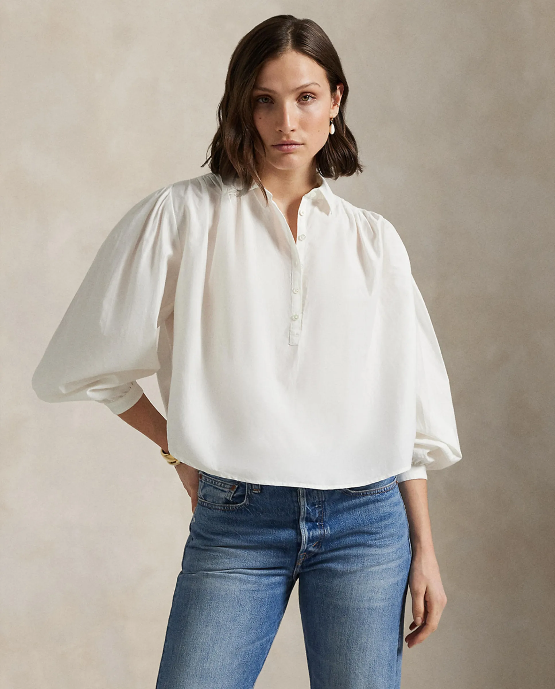 

Женская рубашка из хлопка и шелка с складками Polo Ralph Lauren, белый