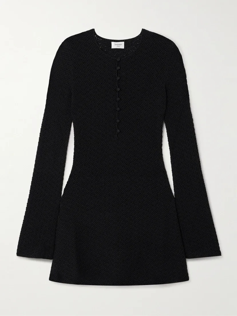 Мини-платье из смеси шерсти с ажурной вязкой SAINT LAURENT, черный