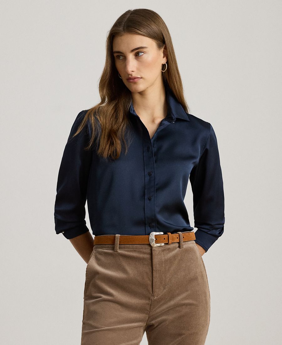 

Рубашка из атласа с шармезом Petite классического кроя Lauren Ralph Lauren, Lauren Navy