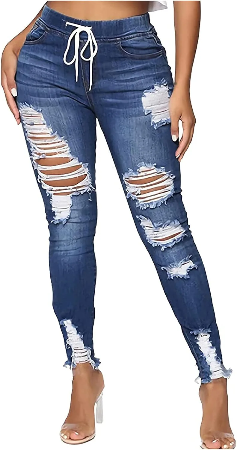 

Джинсы для женщин, Stretchy Ripped Distressed Straight Leg Boyfriend Skinny HOLATOK