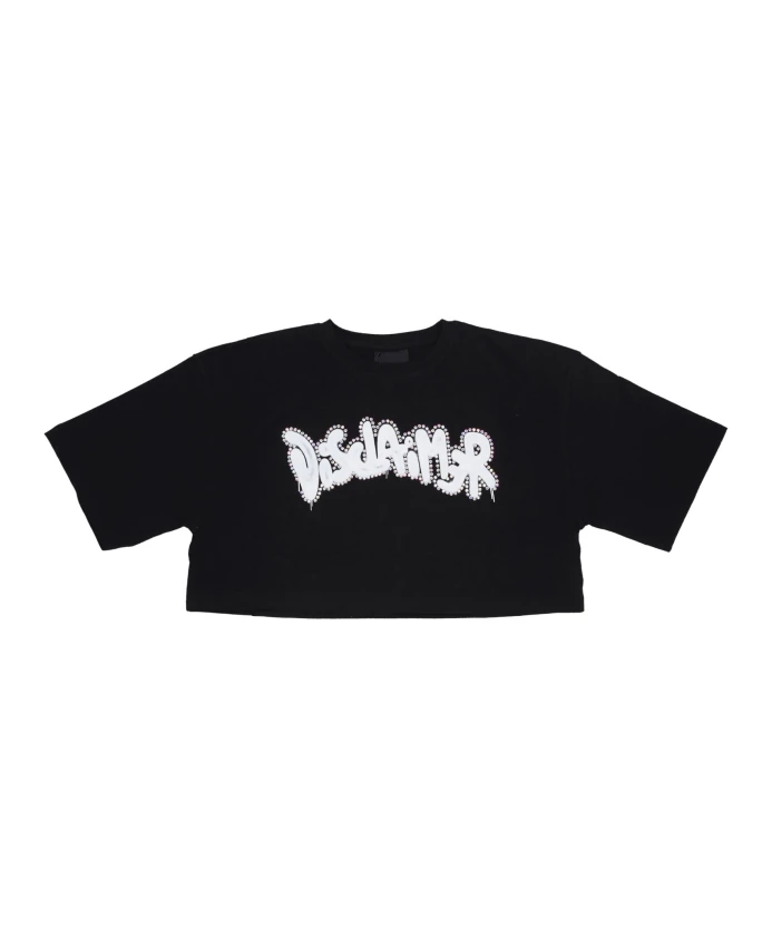 

Черная футболка-кроп с логотипом и стразами. Disclaimer, черный