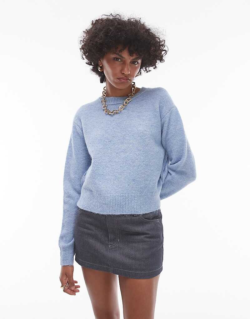 

Голубой вязаный джемпер Topshop – с круглым вырезом, рукавами реглан и видимыми швами