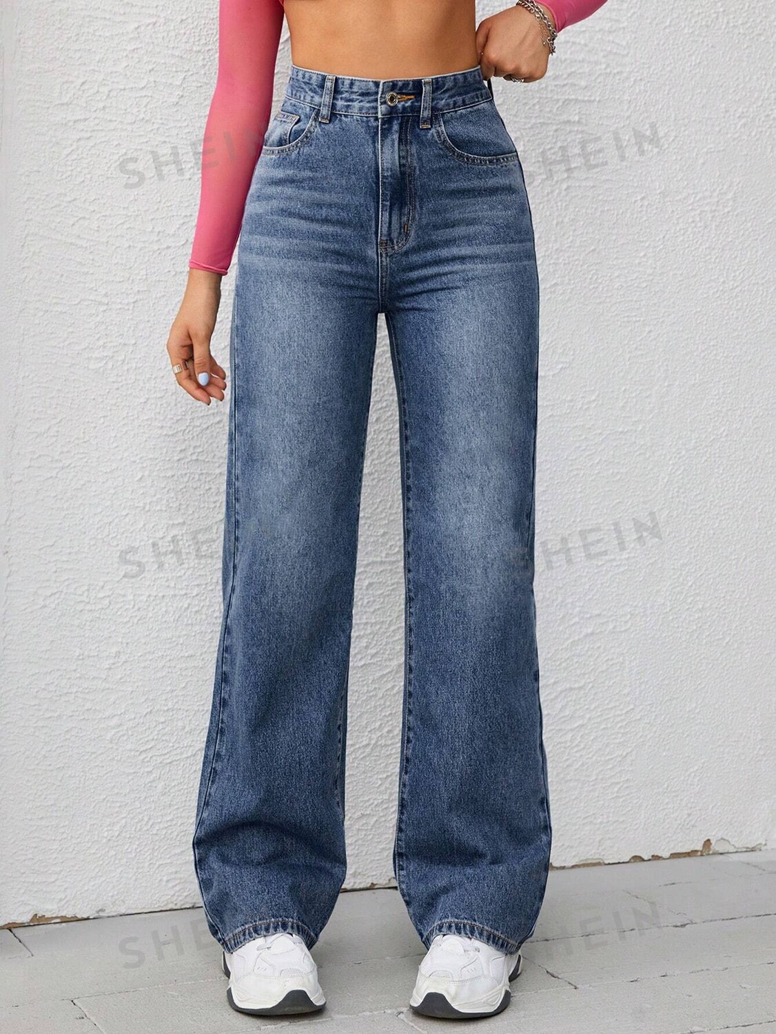 

EZwear Простые Женские Широкие джинсы с модной завышенной талией Shein, тёмно-синий