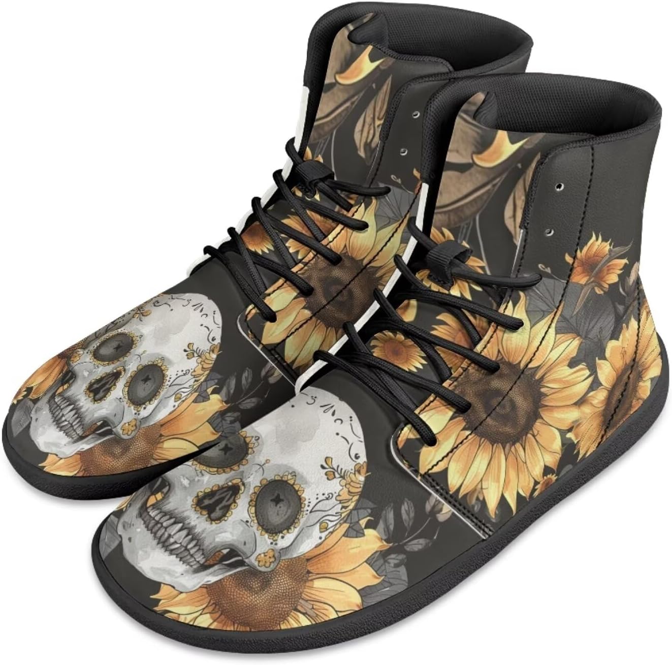 

Мужские кроссовки с высокой посадкой и широким носком Barefoot с черепами и цветочным принтом, шнуровка, противоскользящие, для тренировок и бега Xixirimido, Sunflower Skull