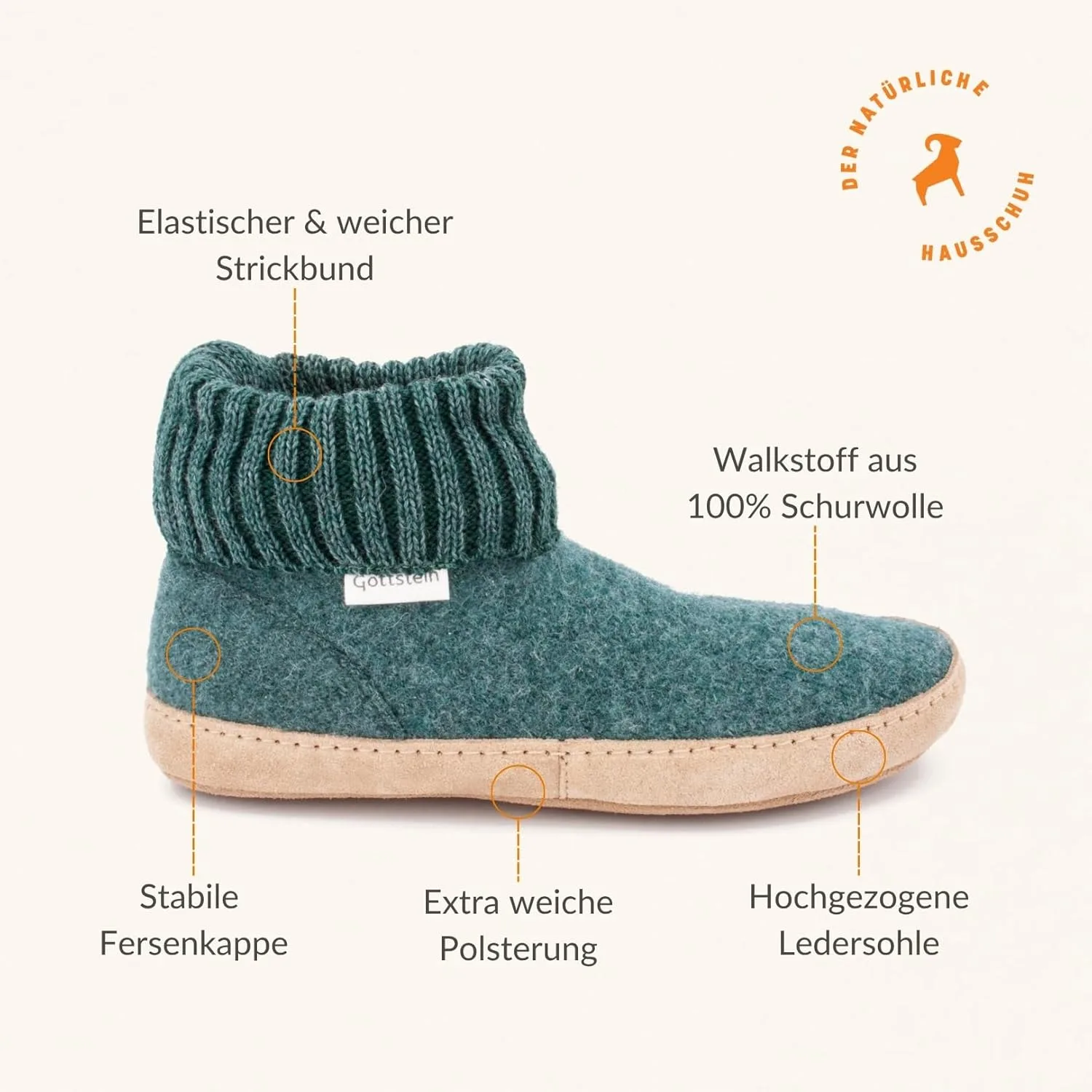 Новые шерстяные тапочки Gottstein Dakota Mulesing-Free Sheep - шерстяные тапочки для ручного труда. Мужские и женские, размер EU 36-47 - с высоким трикотажным поясом и мягкой кожаной подошвой, зеленый — фото 4