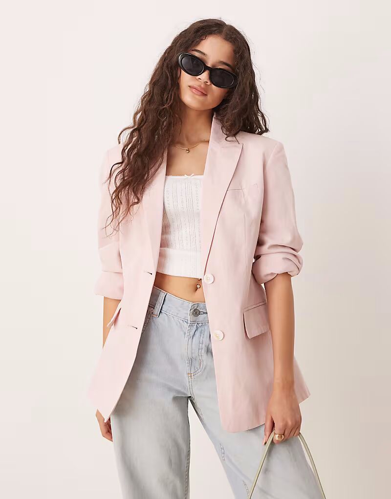 

Льняной блейзер ASOS DESIGN с формованным поясом розового цвета