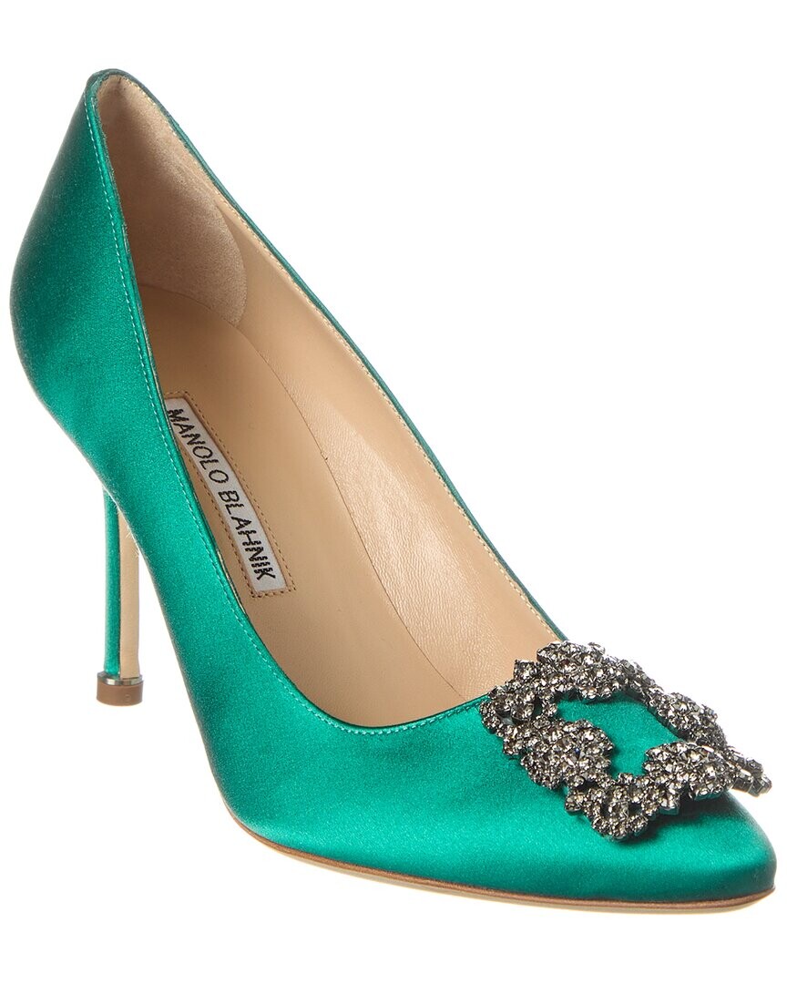 Атласные туфли Manolo Blahnik Hangisi 90, зеленый — фото 4