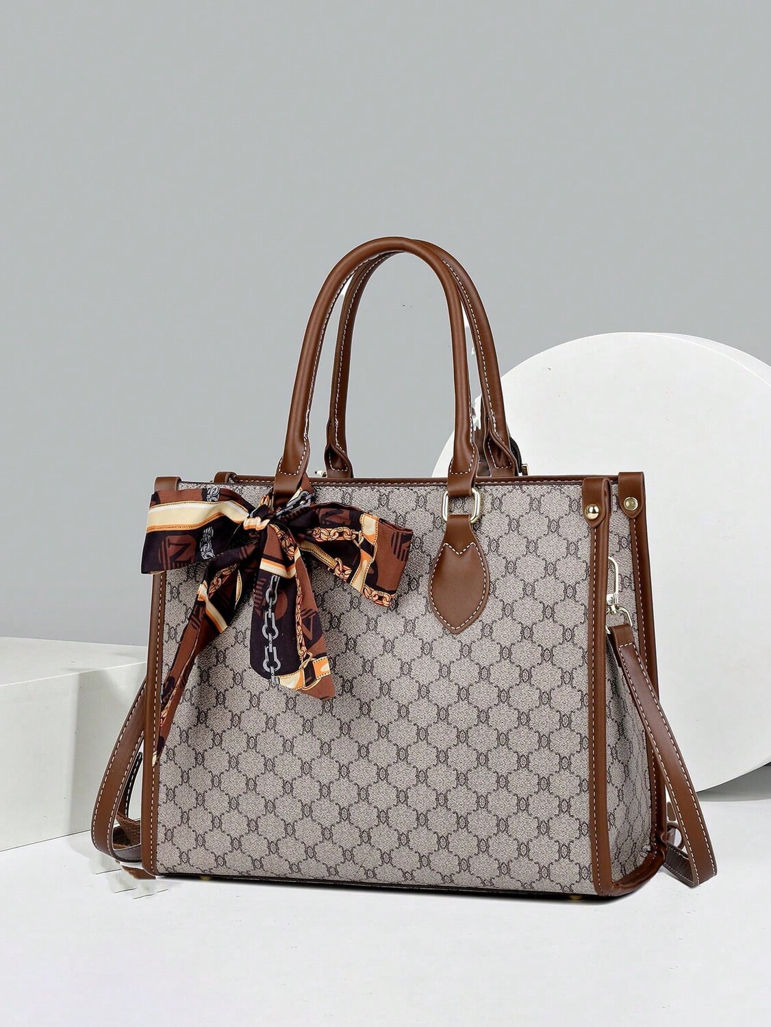 

Большая вместительная сумка с геометрическим узором и декоративным шелковым шарфом, модная женская сумка в старинном серебряном стиле, серый