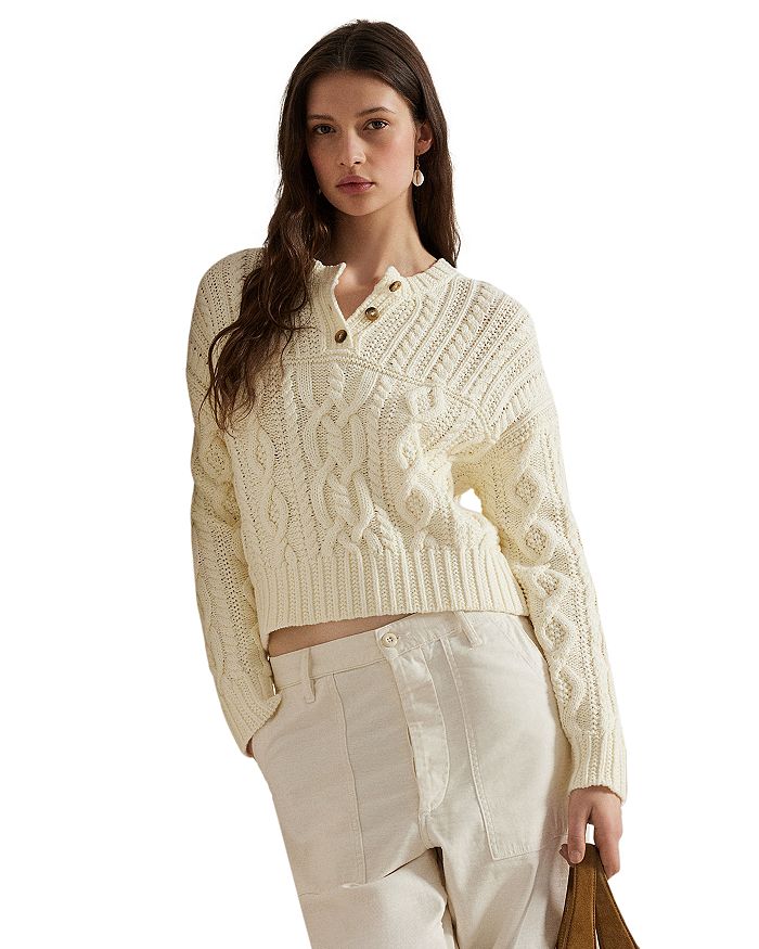 

Аранский вязаный хлопковый свитер с планкой Ralph Lauren, белый