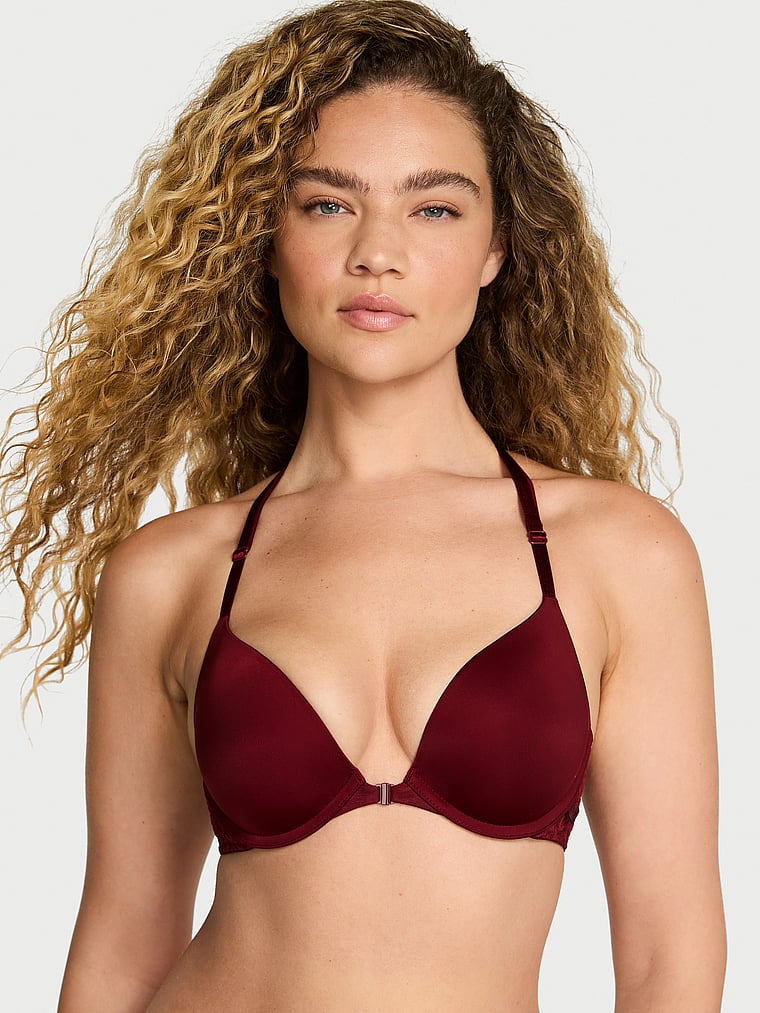 

Сексуальный гладкий бюстгальтер пуш-ап из кружева Victoria'S Secret, front close sangria red