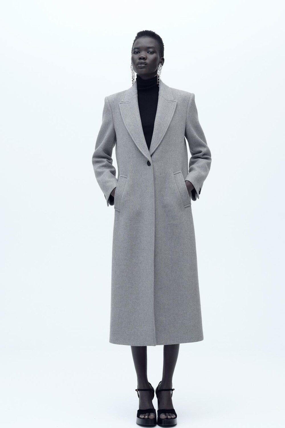 

Длинное пальто из шерсти ZARA, серый