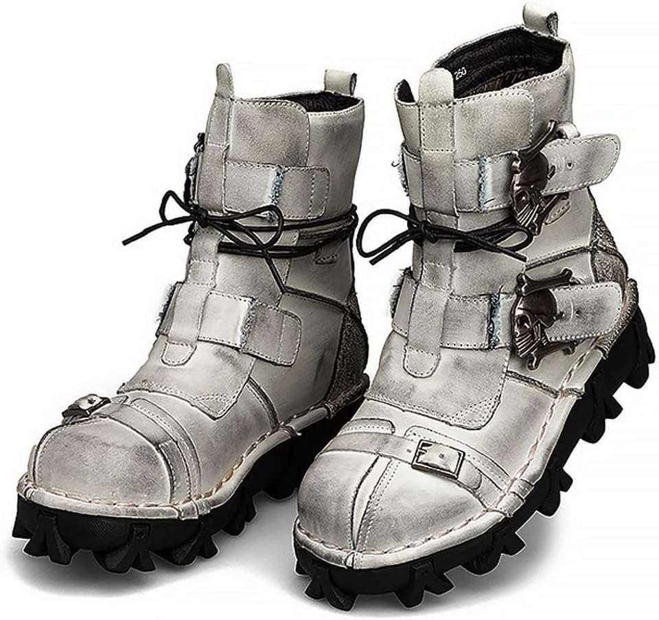 

Мужские ботинки wogq из натуральной кожи с шнуровкой, байкерские и мотоциклетные, военные, готические с черепом, панк-рок, средней длины, на платформе, красные