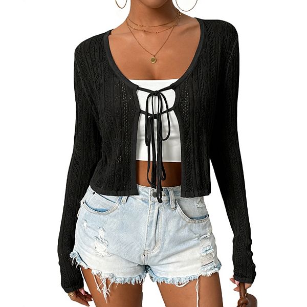 

Женский легкий кардиган с длинными рукавами и запахом Clearflower, Black