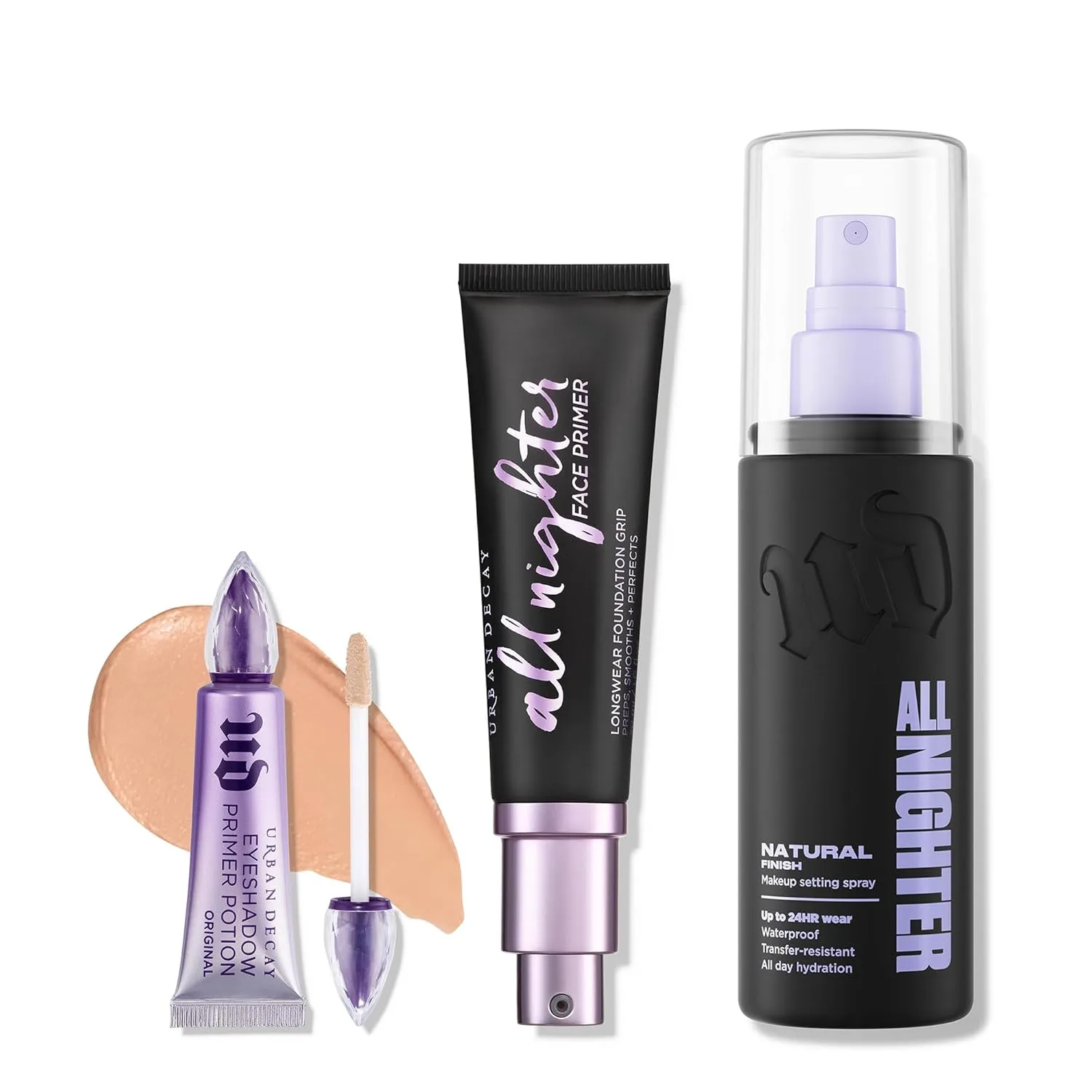 Набор Urban Decay All Nighter: праймер для лица, спрей-фиксатор Natural Finish и праймер для век - All Nighter Waterproof Setting Spray (30 мл), Makeup Primer (8 мл) и Primer Potion (полный размер)