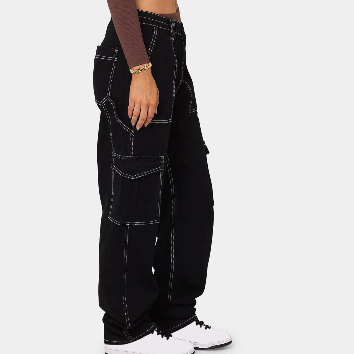 Джинсы Wide Leg для женщин Mid Waisted Baggy Denim с карманами — фото 3
