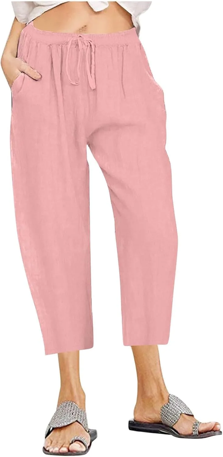 

JOAU Женские хлопковые льняные брюки с завязками на талии летние укороченные зауженные