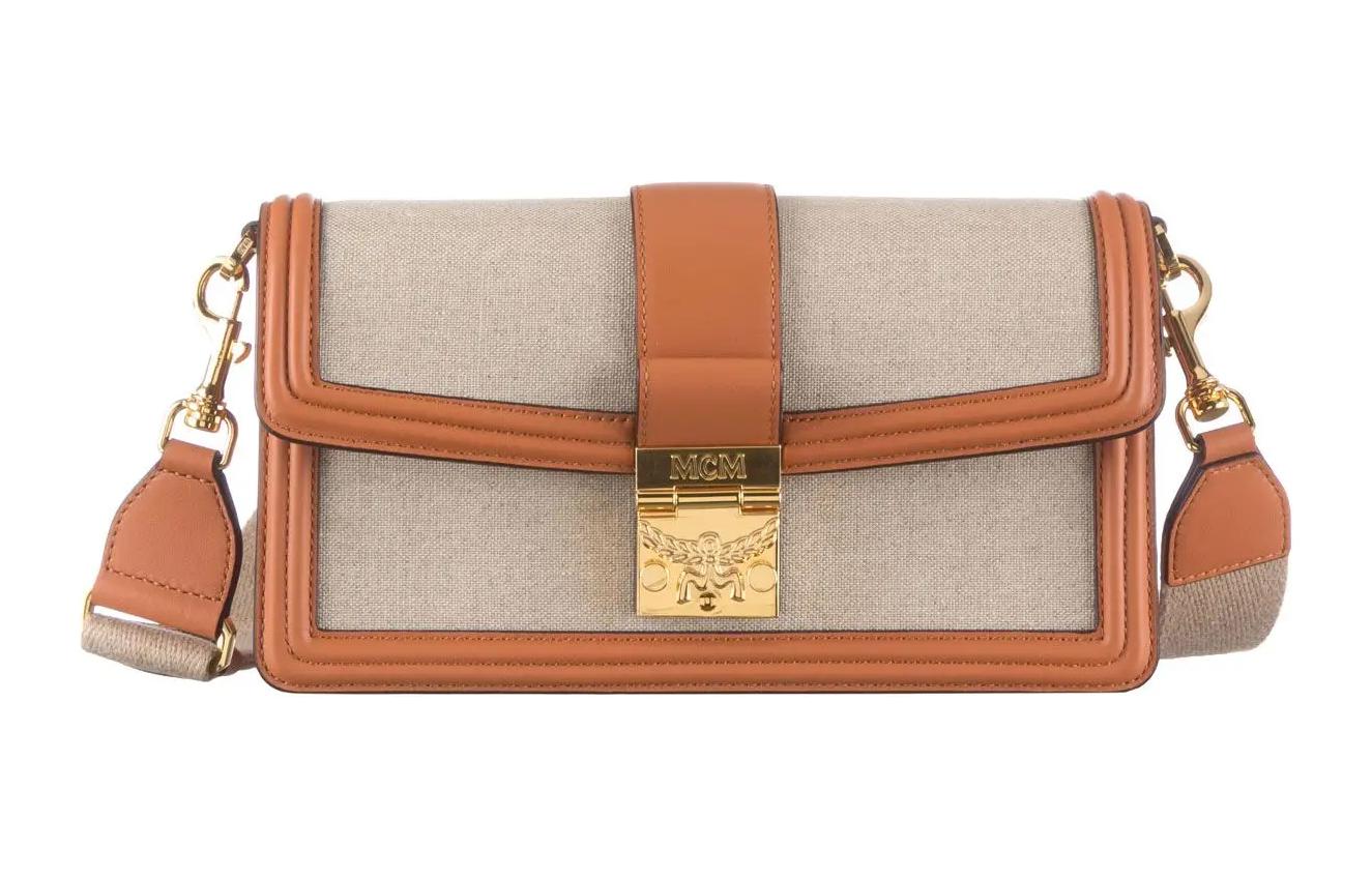 

Льняной холст с телячьей кожей кросс-боди, маленькая сумка через плечо унисекс cognac MCM