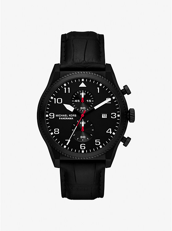 

Большие панорамные часы из черной кожи с тиснением под крокодила Michael Kors, черный