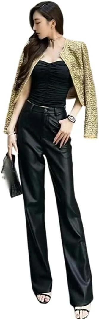 

Женские брюки Casual из натуральной кожи черные свободные с карманами