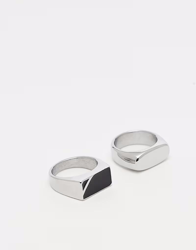 

Набор из 2 водонепроницаемых колец-печаток из нержавеющей стали с черным камнем серебристоготенка Asos Design