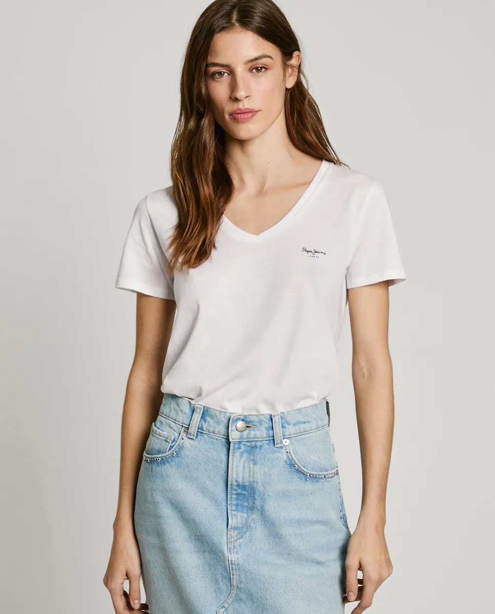

Женская футболка с V-образным вырезом и напечатанным логотипом Pepe Jeans, белый