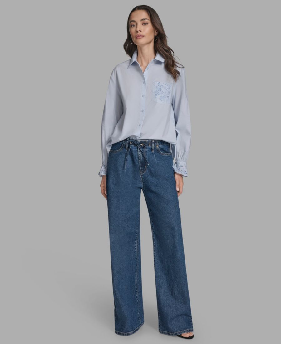 

Женская блузка с длинными рукавами, на пуговицах, с вышивкой BCBG, Light Blue