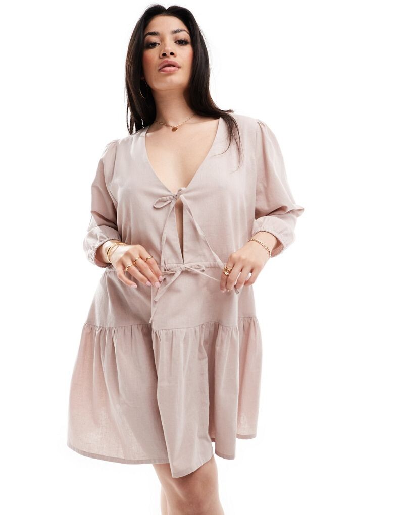 

Esmee Exclusive Curve пляжное платье мини с длинными рукавами и завязками спереди, овсяное Esmee Curve