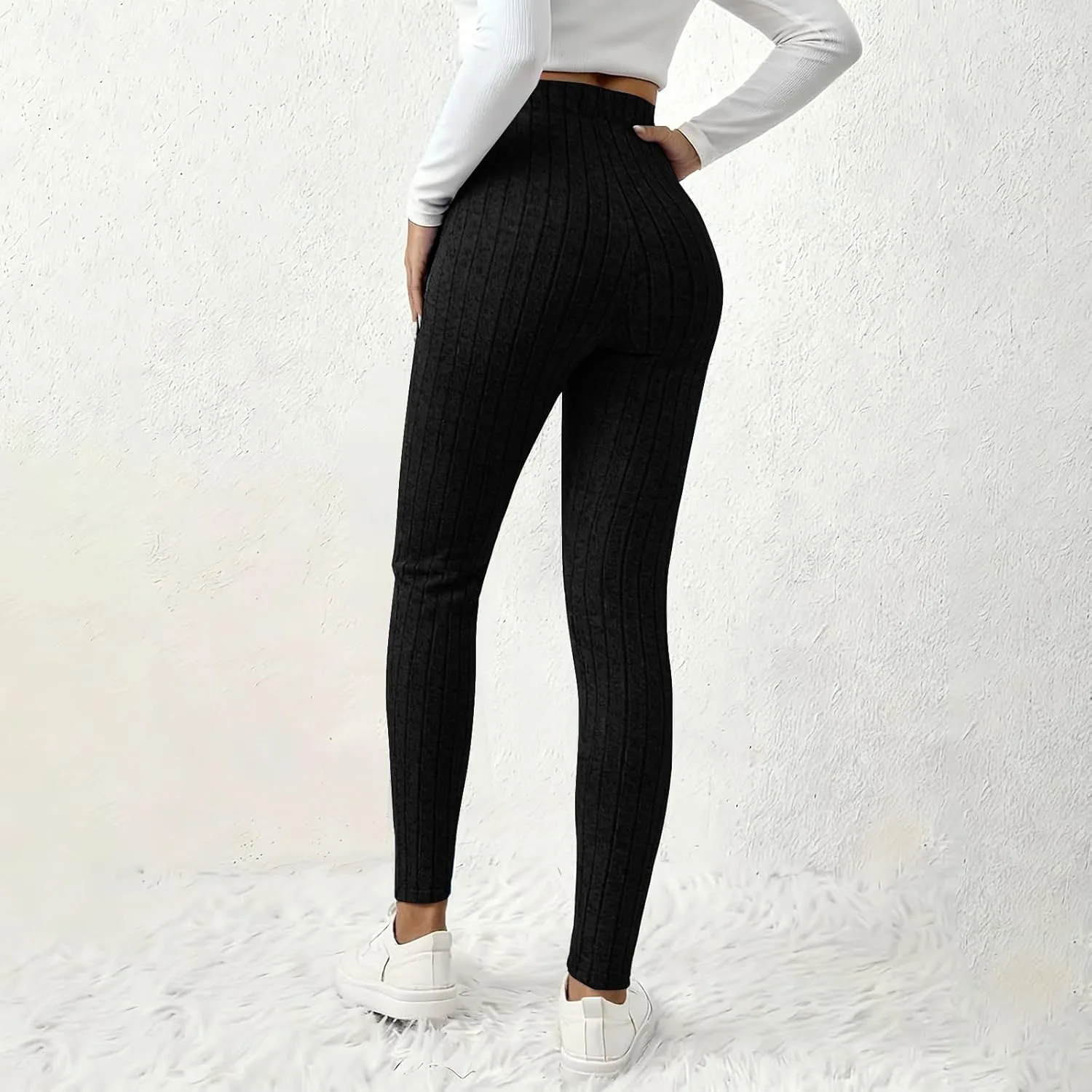 Черные леггинсы Women Stretchy High Waist Ribbed Knit Bow Casual Pants — фото 4