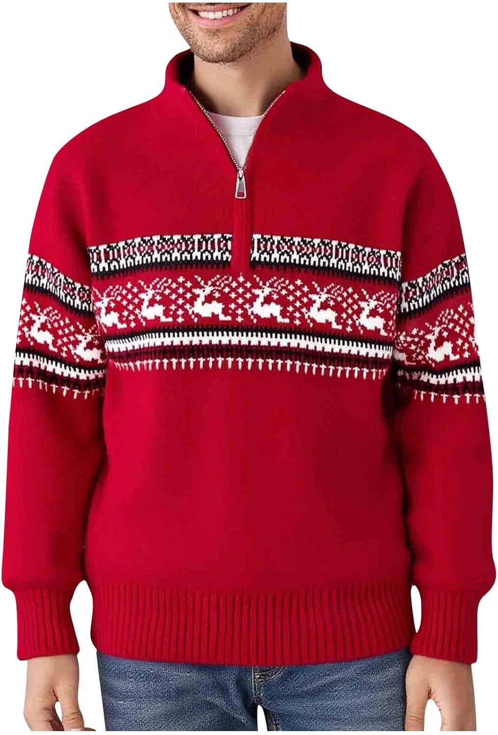 

Мужской свитер Ugly Christmas с воротником стойкой и застежкой-молнией на четверть, Slim Fit