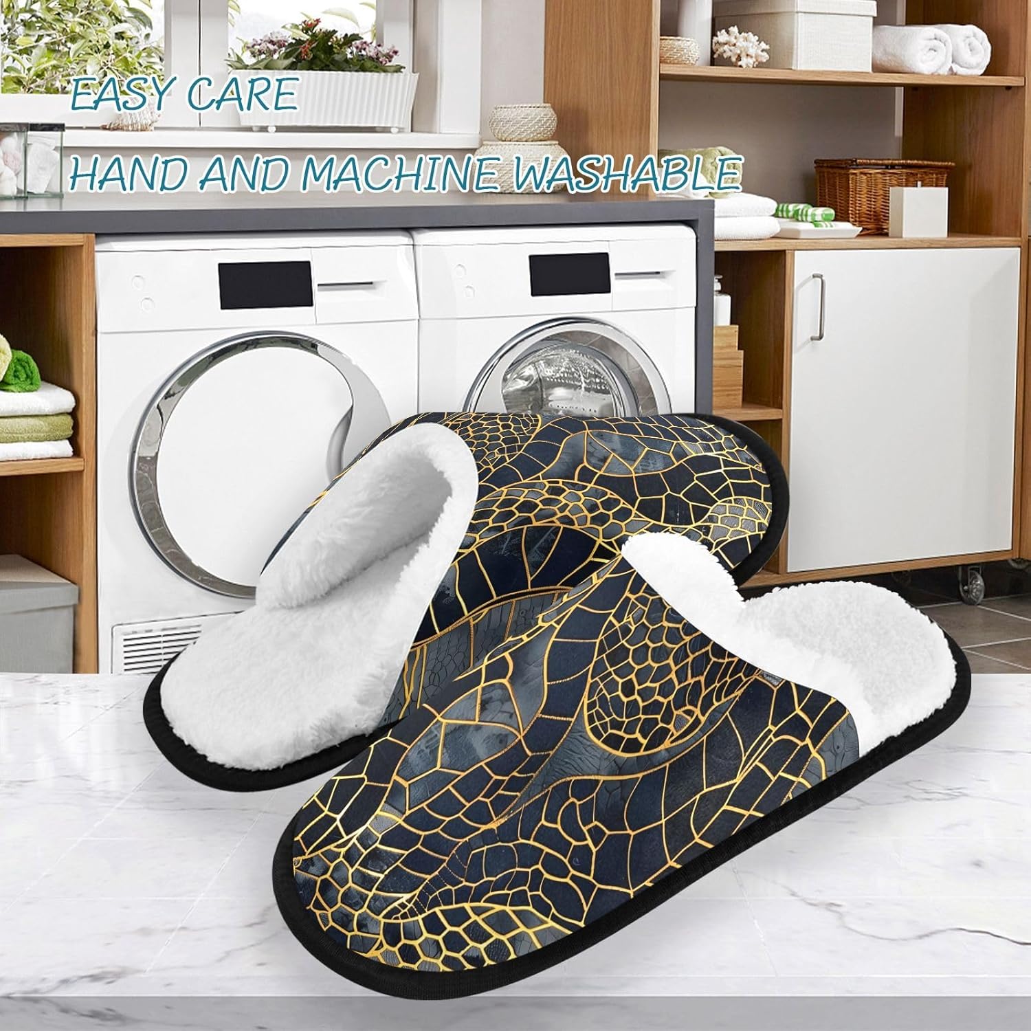 FENOCHE Close Up Snake Skin Gold Plush Slippers for Women Men Warm Comfortable Travel Spa Slipper Nonslip House Shoes, Multicolor — фото 3