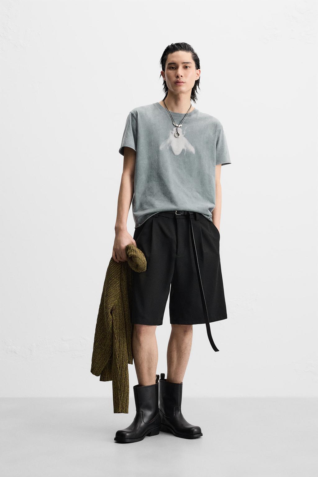 

Текстурированные шорты-бермуды со складками ZARA, черный
